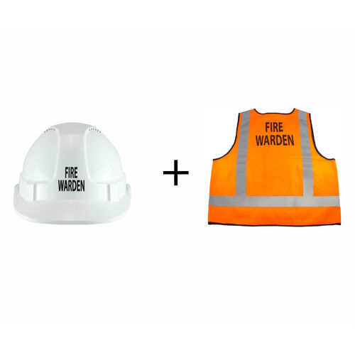 Fire Warden Hard Hat & Orange Hi-Vis Vest Combo Pack