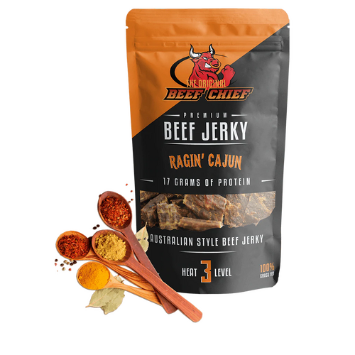 CLEARANCE Ragin Cajun Premium Beef Jerky 30grams 100% Grass Fed Use by 28/6/24