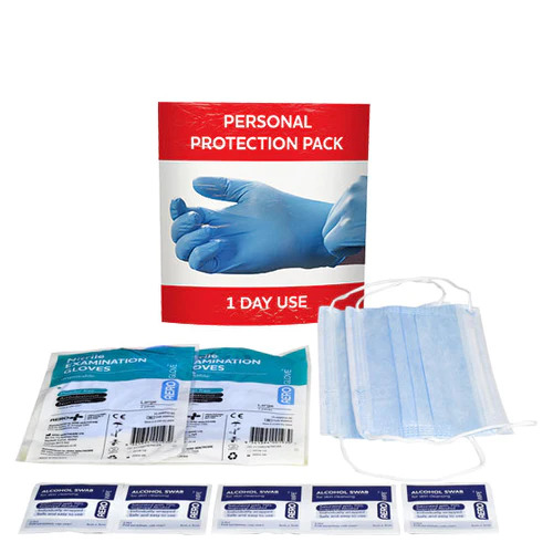 Personal Protection 1 Day Pack - 2 x Masks, 2 Pair x Gloves & Alcohol Wipes