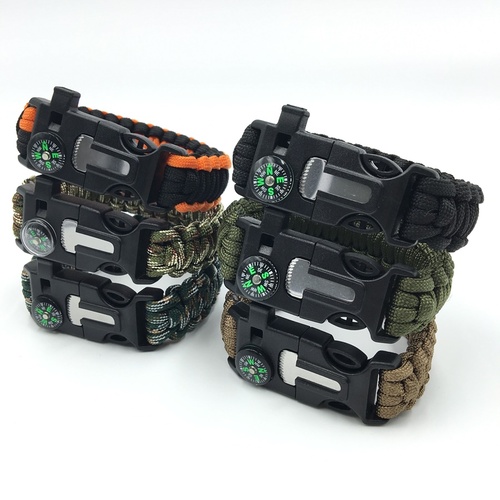 Paracord Bracelet with Flint Fire Starter, Whistle and Compass 
